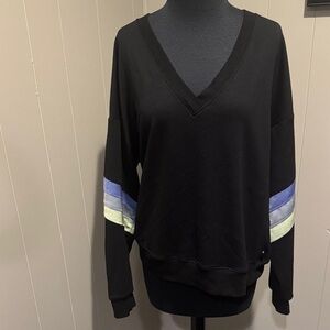 Thrive Societe Black Comforted V-Blocked Pullover Sweatshirt. Stripe Sleeve. Lg